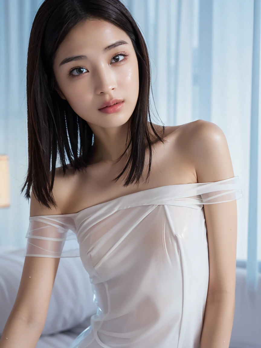 masterpiece,8K,Highest quality,Ultra-fine Illustration, The whole body is visible,Highly detailed face, Fine and glowing skin,Big eyes), ((One-length haircuts)), Mid-chest, (Shooting from below,Downward), Pretty face, 21 year old Japanese,Camisole dress,Lift up the skirt,White see-through lace panties,Big eyes, double eyelid，Embarrassed look,In the city