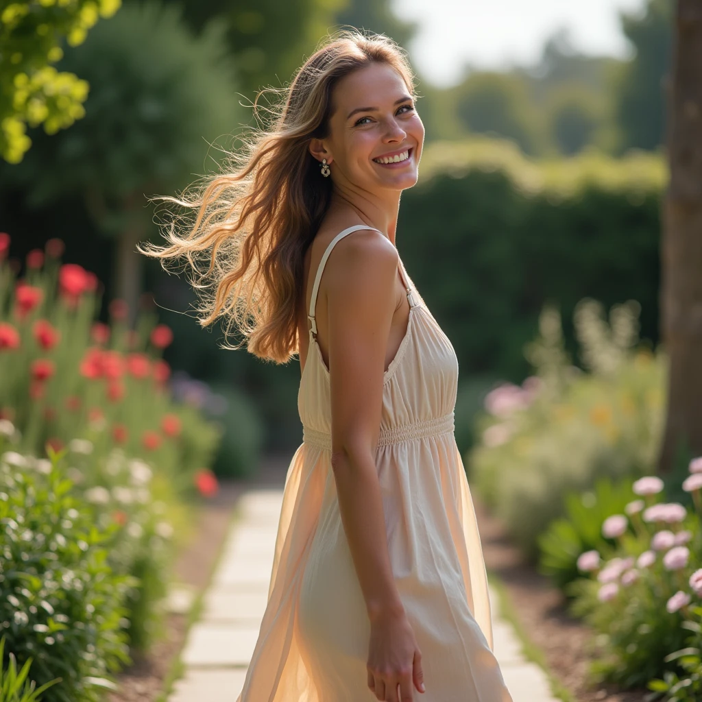 Best quality at best, tmasterpiece, The is very detailed, actual, full bodyesbian, elegant woman, elegant red dress, standing in a blooming garden, Look at the sunset, Beautiful posture, Hefty Smile, Skirt features intricate floral pattern, vivd colour, (portrait composition), (Spring blossom season), (by famous artists), A high resolution, 8K high-definition