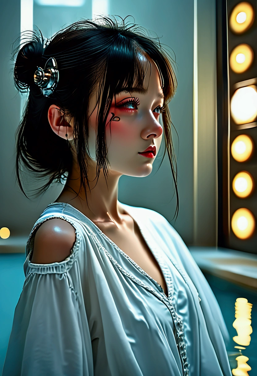 A stunning nude European young woman with pale white skin and dark brown hair completely nude. (((Cyberpunk sexy girl))). The background is pure white with no visible elements, heightening the focus on the figure. The image is ultra-detailed, photorealistic, and cinematic, with chiaroscuro lighting and a dark cyberpunk aesthetic. The overall tone is moody and richly textured. (Best quality,4k,8k,highres,masterpiece:1.2),Ultra detailed