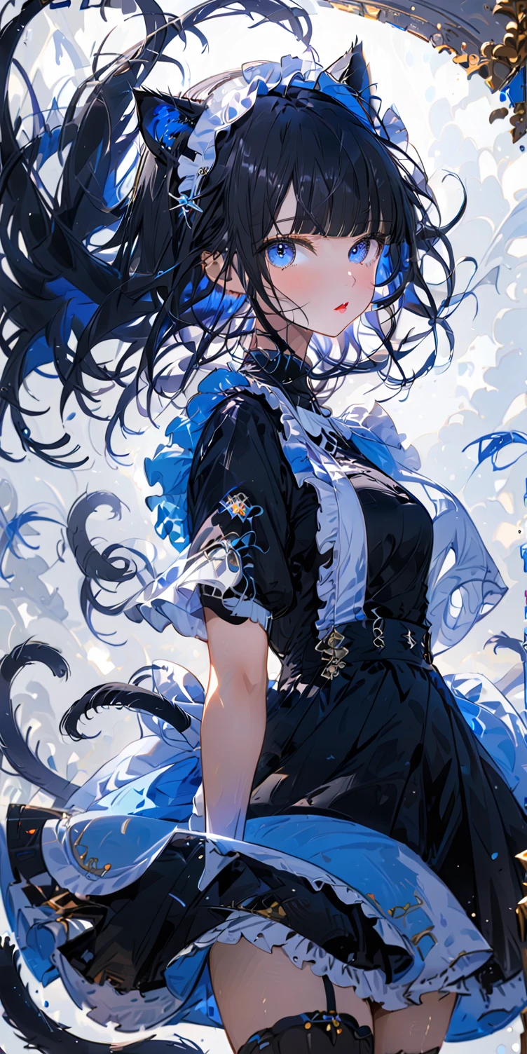 1girl, absurdly long black hair blunt bangs, blue eyes, cat ears, cat tail, chestnut mouth, large breast, open shoulder maid uniform, high waist short skirt, wind browing, floating hair, white background, contrapposto, cool expression, from below, look at viewer, soft focus, lens flare, masterpiece, best quality, vivid light color, Vector Art, 2D flat, simple shapes, professional graphic, flat color, Sleek design, 1girl, absurdly long black hair blunt bangs, blue eyes, cat ears, cat tail, chestnut mouth, large breast, open shoulder maid uniform, high waist short skirt, wind browing, floating hair, white background, contrapposto, cool expression, from below, look at viewer, soft focus, lens flare, masterpiece, best quality, Matte frosted color, Vibrant colors, Layering impasto (oil painting:1.1), ultra-detailed texture, perfect composition, intricate details, high resolution, High contrast, sharp focus, Delicate brushwork, ,AddXL,Dream Scenery