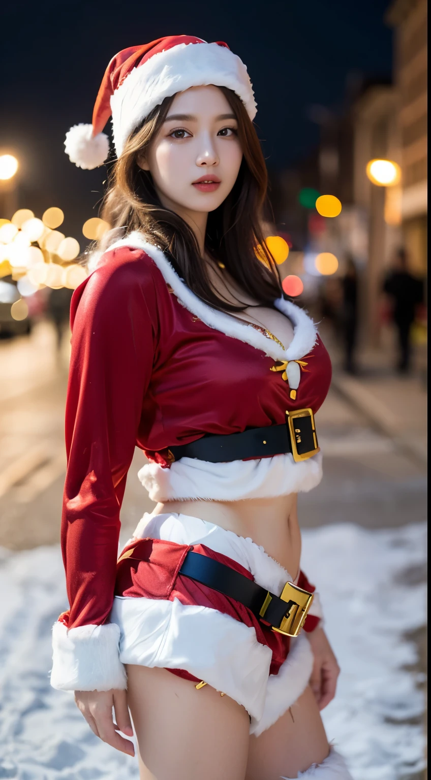 Best-quality, Masterpiece, Ultra-High-Resolution, (Photorealistic:1.4), Raw-Photo, Extremely-Details, Perfect-Anatomy, 1girl, 30-years-old, the most famous Japanese actress, (((wearing Santa-Craus's long-costume))), running on midnight street, extremely beautiful face like a most popular Japanese actress,. extremely beautiful big-black-solid-circle-eyes, extremely beautiful body