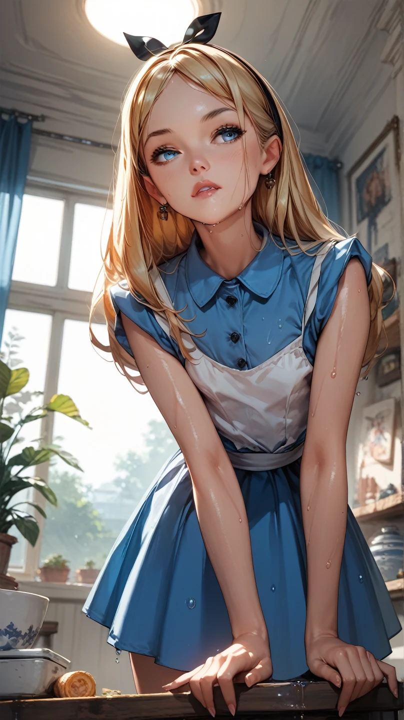 Enhanced all,rffc01,score_9_up,score_9, score_8_up, score_7_up,high res image, masterpiece, best quality, source_anime, indoors, 1 girl
leaning forward , flat chest, wet lip.alice,from below,look away