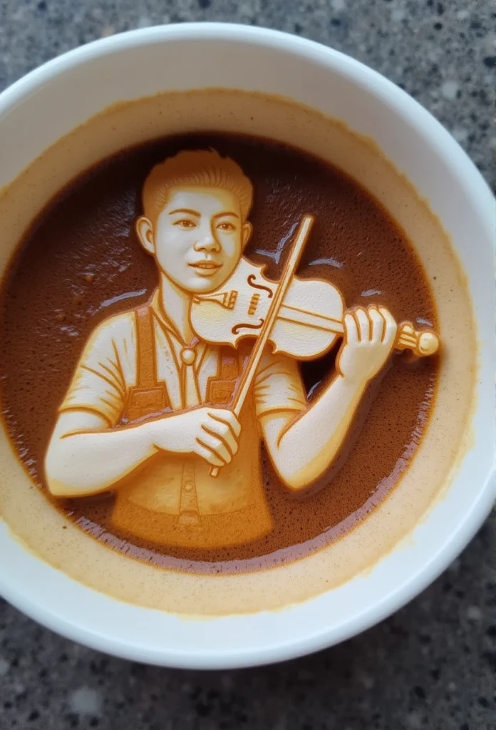 A latte cup with a latte art that looks like a person playing a violin in 3D, as if it's floating above the coffee surface.