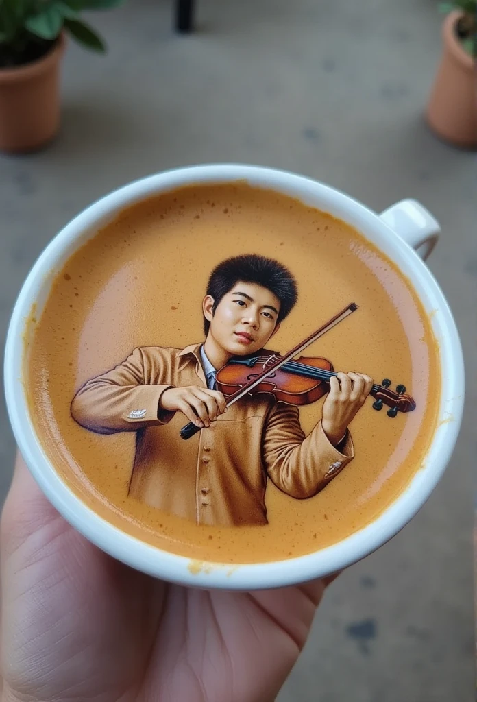 A latte cup with a latte art that looks like a person playing a violin in 3D, as if it's floating above the coffee surface.