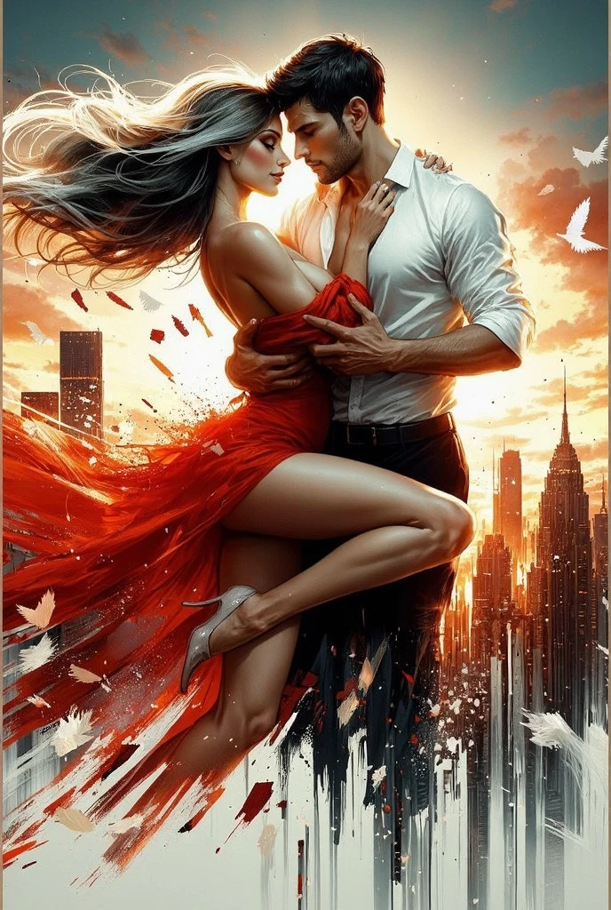 2d hyperrealistic illustration. GLOSSING HYPERREALISTIC ILLUSTRATION for cover modern passionate novel.LOVECouple: black-haired MASSIVE 35-year-old man with short black hair dressed in white skirt hugs beautiful 25-year-old girl with long blond loose hair in luxurious red dress.DYNAMIC POSE.double exposure breaking glass ("GLASS FRAGMENTS FLYING") sunset and megapolis.WHITE-RED-GOLD vividcolors.perfect proportions and hands.model faces.perfect anatomy.trending bo