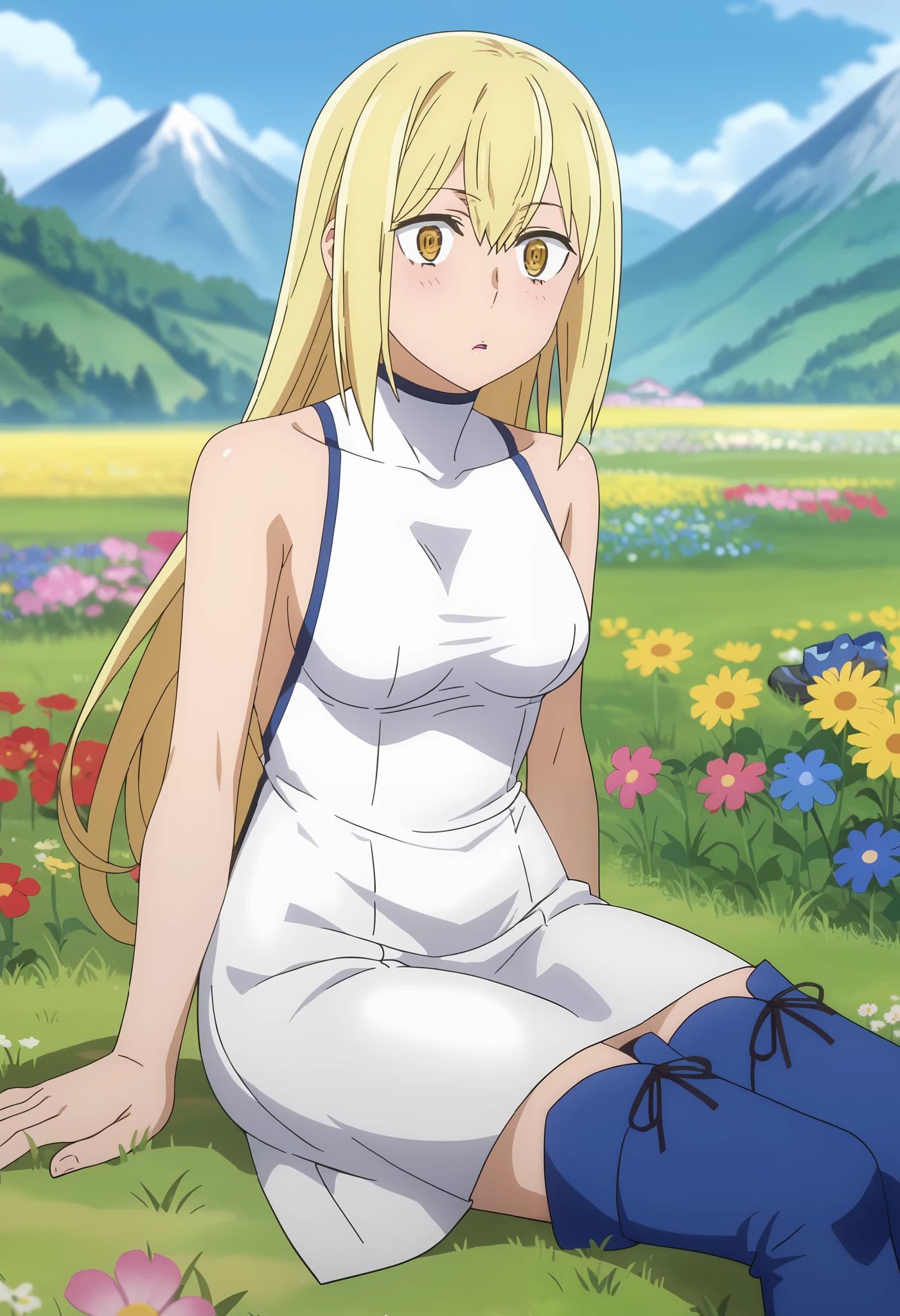 Surprise shocked, wide-eyed, startled, visibly amazed,score_7_up, anime screencap, 1girl, solo, long hair, blonde hair, hair between eyes, yellow eyes, AisCasual, sleeveless dress, white dress, short dress, thigh boots, blue footwear, sitting, on ground, looking at viewer, scenery, mountains, grass, flower field,