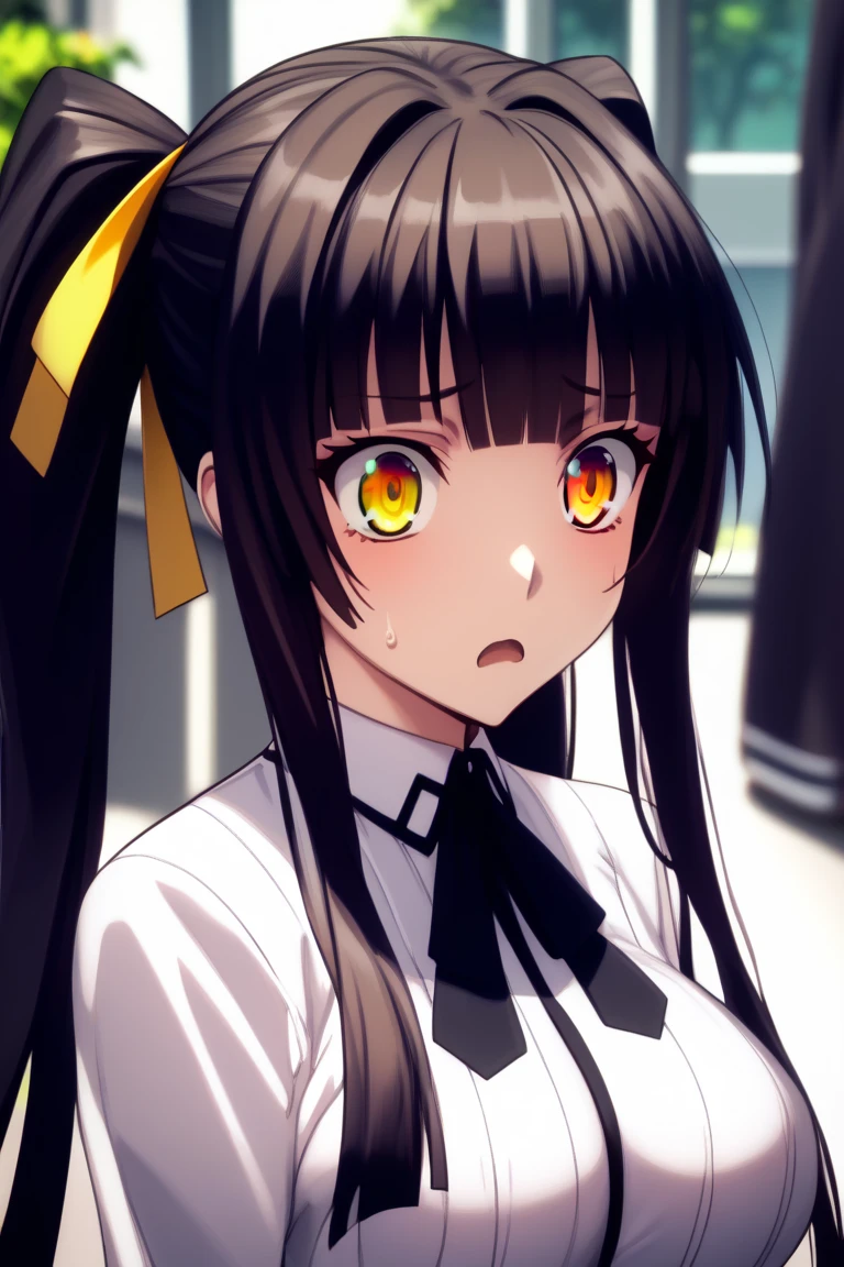 nsfw,nude,best quality, masterpiece, highres, score_9, score_8_up, score_7_up, source_anime,high school dxd,nurakami,dark brown hair,(( medium hair)), ((twin tails)),hair ribbon,yellow ribbon, yellow eyes,(( shocked)),(((blunt bangs))), ****,big breasts,Worn out,( torn clothes),white simple background, cowboy shot, 