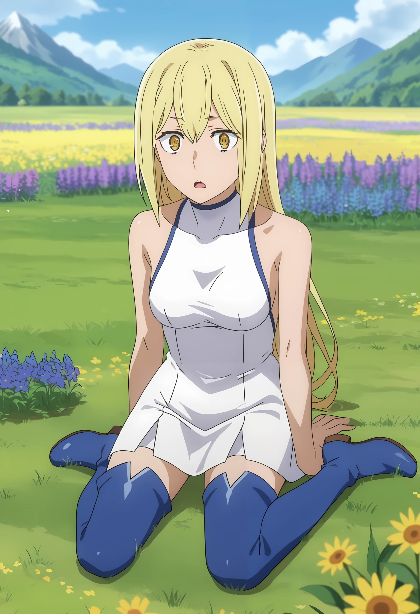 Surprise shocked, wide-eyed, startled, visibly amazed,score_7_up, anime screencap, 1girl, solo, long hair, blonde hair, hair between eyes, yellow eyes, AisCasual, sleeveless dress, white dress, short dress, thigh boots, blue footwear, sitting, on ground, looking at viewer, scenery, mountains, grass, flower field,