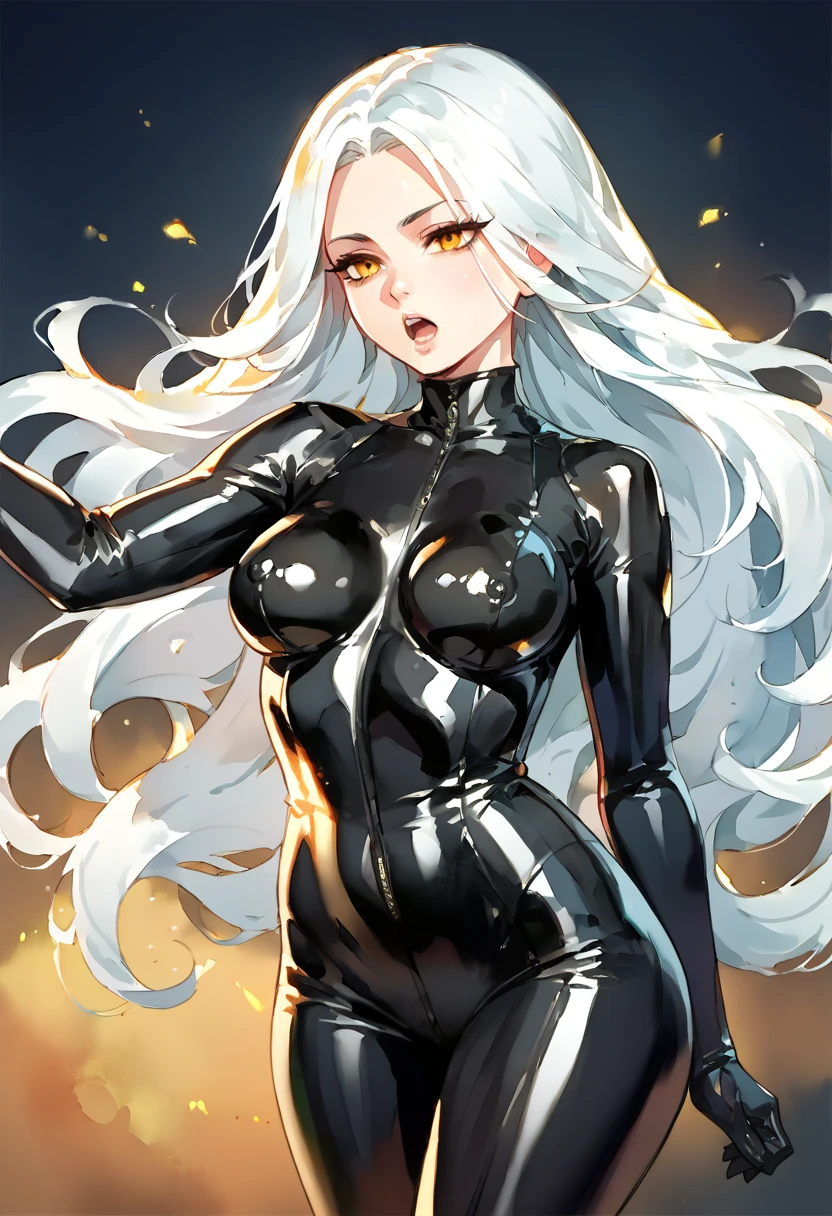 score_9_up, score_8_up, score_7_up, solo, source_anime, Floox Style, traditional watercolor painting, 1girl BREAK 

White hair, very long hair, parted bangs, forehead, yellow eyes, medium breasts BREAK 

Open mouth, shiny suit, latex bodysuit, black suit BREAK standing, abstract background, blurry background BREAK 