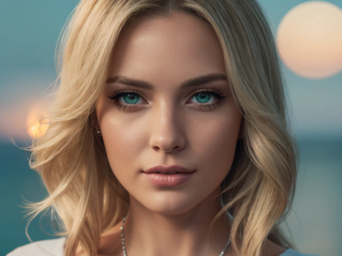 Long blonde wavy hair, sea-green eyes, 30ish years old, gorgeous woman,  (beautiful face: 1.2), Looking at viewer, flirting, desire in her eyes, henley t-shirt, soft feminine body, intricate diamond and white gold necklace, gorgeous shapely legs, (realistic, detailed,  digital art,  4k,  ultra hd: 1.2), Impressionism, 8K Octane, Braid, Hair Over One Eye, Asymmetrical Hair, (photorealistic: 1.2)Masterpiece, Anatomically Correct, Best Quality, High Details, breathtaking, sensual, intimate setting, moonlight