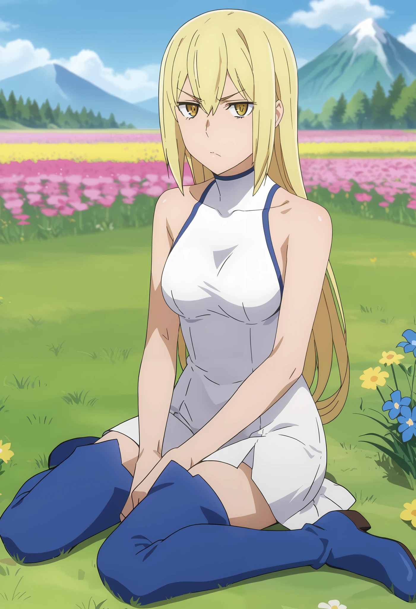 Anger furious, glaring, frowning, visibly intense,score_7_up, anime screencap, 1girl, solo, long hair, blonde hair, hair between eyes, yellow eyes, AisCasual, sleeveless dress, white dress, short dress, thigh boots, blue footwear, sitting, on ground, looking at viewer, scenery, mountains, grass, flower field,