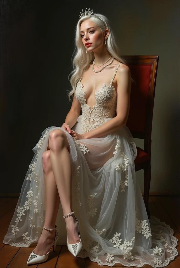 ((Best Quality)), ((Masterpiece)), (Very detailed: 1.3), 3D, NeonNoir, solo, rose, (weird pendant on chest: 1.2), (wearing a rose decorative dress: 1.2), (holding a teddy bear: 1.2), dressed gorgeously, (wearing a crown: 1.2), candles flashing with an eerie light, (white emanating: 1.1), contemptuous eyes, in a ruined castle, against the window, Sony master shot, full body, long legs