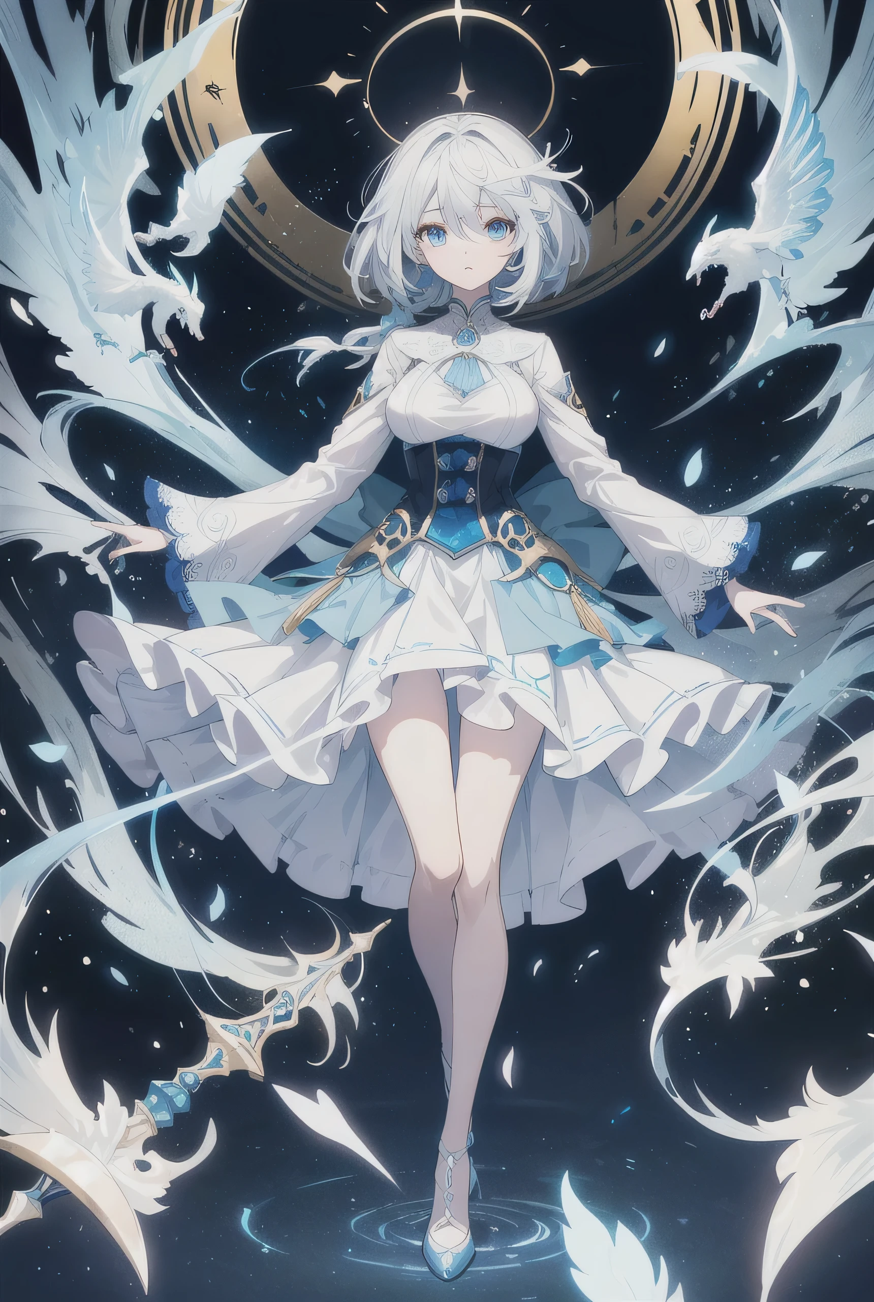 Shirakami Fubuki/(Holographic live broadcast/),masterpiece,Very detailed,best quality,illustration,girl,alone,whole body,Floating hair,too many sparks,Many extremely tangled feathers,backlight,Smile,(light cyan dragon),(dragon girl),light cyan,(cowboy_shooting)