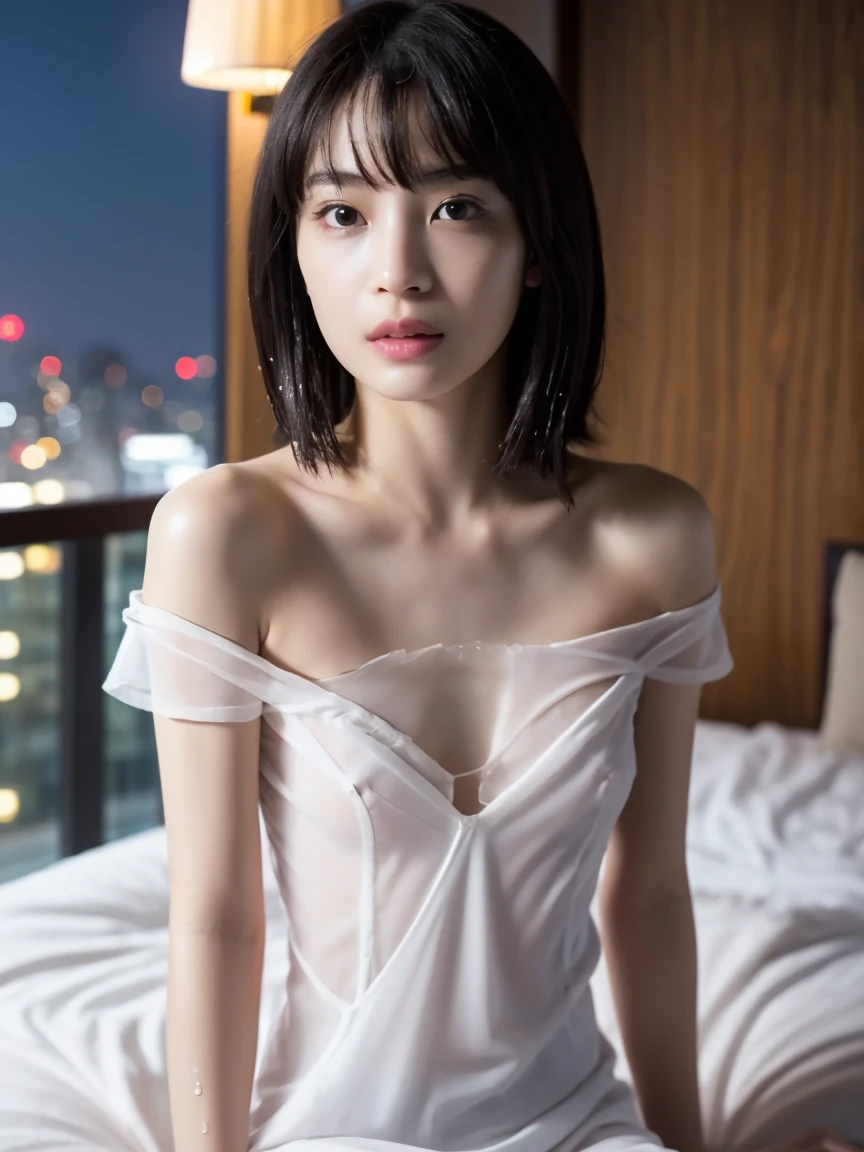 Live Action, Mirei Kiritani, Semi-Long, He Shirt, Topless, Cute, Beautiful, Bangs, Hotel Lounge, Slim, Small, Thin Legs, Thin Arms, Tall, Slender, Neat and Clean Clothes, Photorealistic, Super Definition, 1 Girl, Upper Body