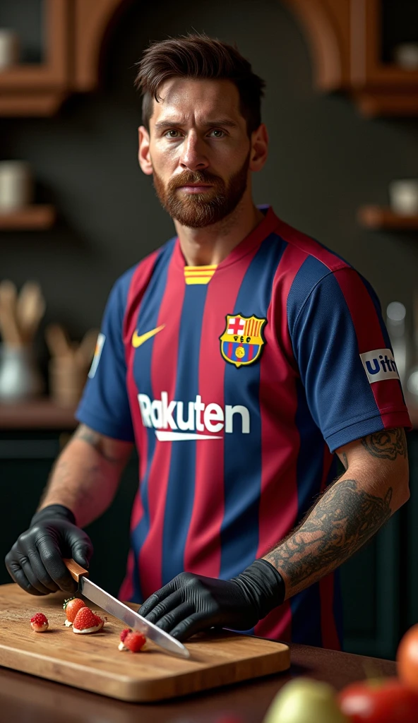 messi holding a kitchen sponge