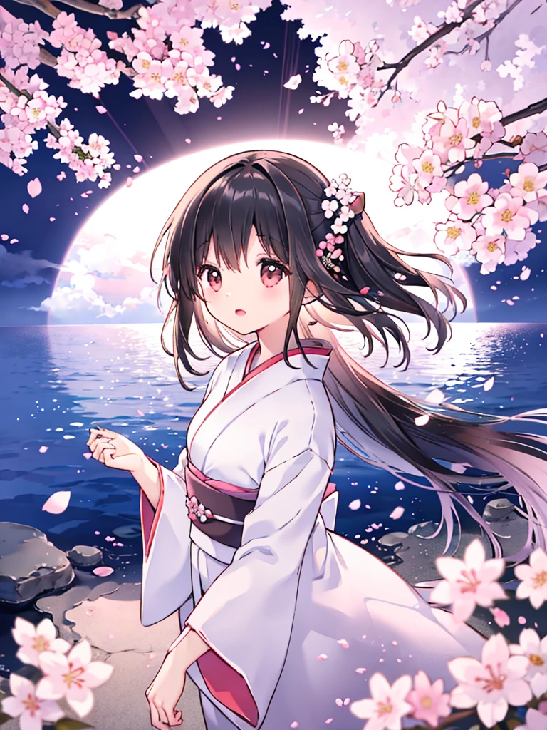  1 girl , black hair, Floating Hair, Seaside,scenery,landscape,cherry blossoms, Falling petals, Sunbeam,god rays, upper body,  range, dress,kimono