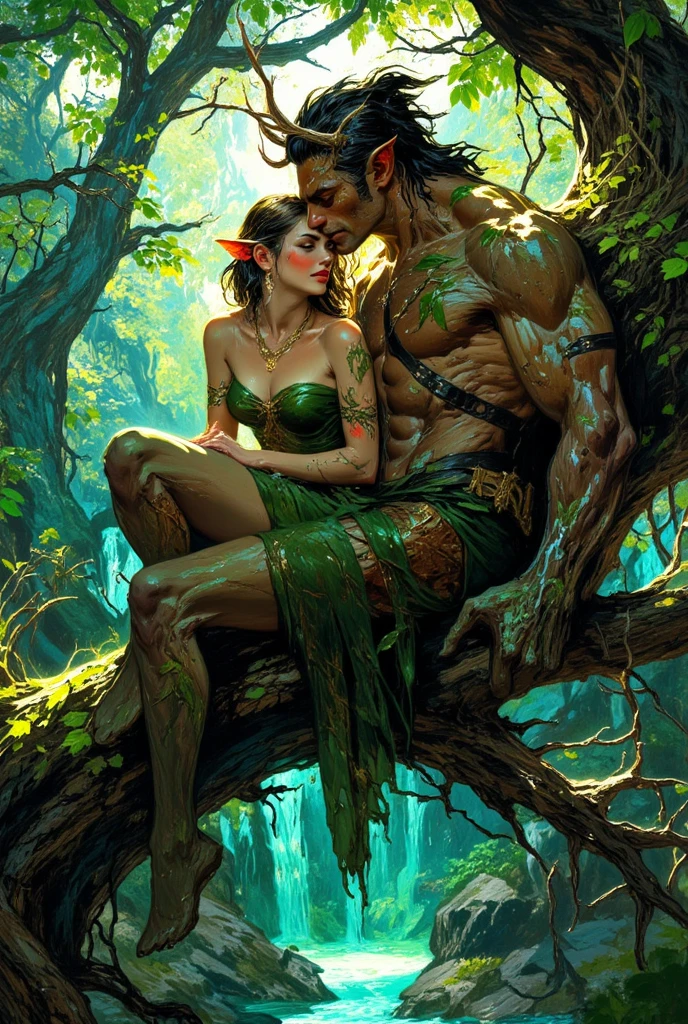 2d hyperrealistic illustration. A whimsically enchanting dryad-woman with brutal muscullar dryad-man, pointy ears and antlers blending seamlessly with the surrounding nature. they sits gracefully on a tree branch overlooking a sparkling river, with a thigh strap adding a touch of mystery to her attire. skin shines like polished emerald, a delicate blush lighting up her beautiful face framed by green eyes and hair. Dressed in intricate leaf garments and surrounded by vines and green leaves, she embodies the essence of the forest. This breathtaking image, possibly a painting, captures the essence of natural beauty in vivid detail and exquisite quality. vibrant colorful comlementary colors. long exposure.