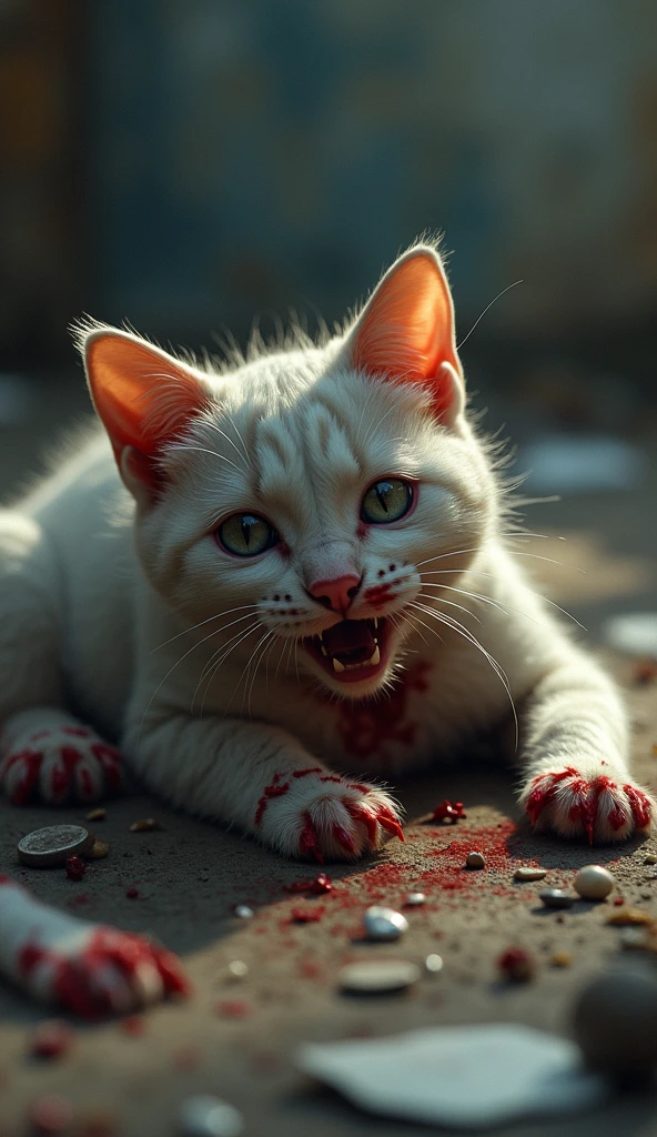 A white cat bitten by a dog