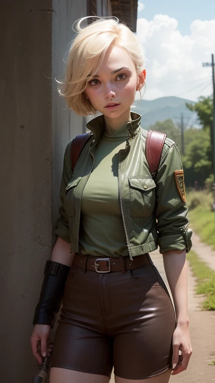 (best quality,4k,8k,highres,masterpiece:1.2),ultra-detailed, female ranger, short blond hair, spear, white shirt, green leather vest, green trousers, brown boots, A-cup, in the woods, AIKA, seethru, HDR, 8k, absurdres, cinestill 800, sharp focus, add_detail:2, (solo, woman)