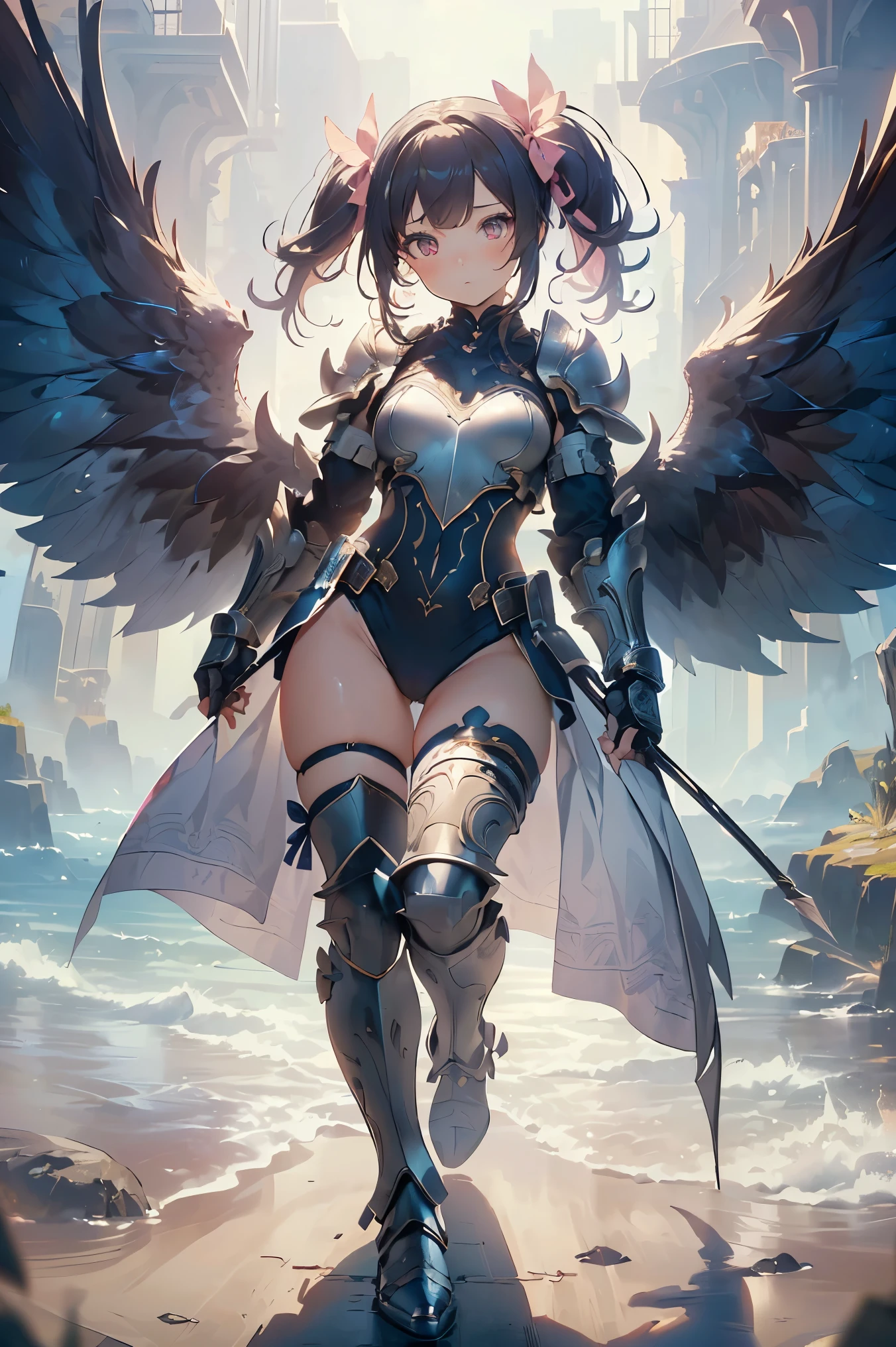 (((Best quality, 8k, Masterpiece: 1.3)), ((best quality)), ((masterpiece)), (detailed), perfect face, perfect body, (detailed skin:1.3), (intricate details), Full body armor, gauntlets, long spears, vividly colored wings, navy hair, long pigtails, pink ribbon tied around the pigtails