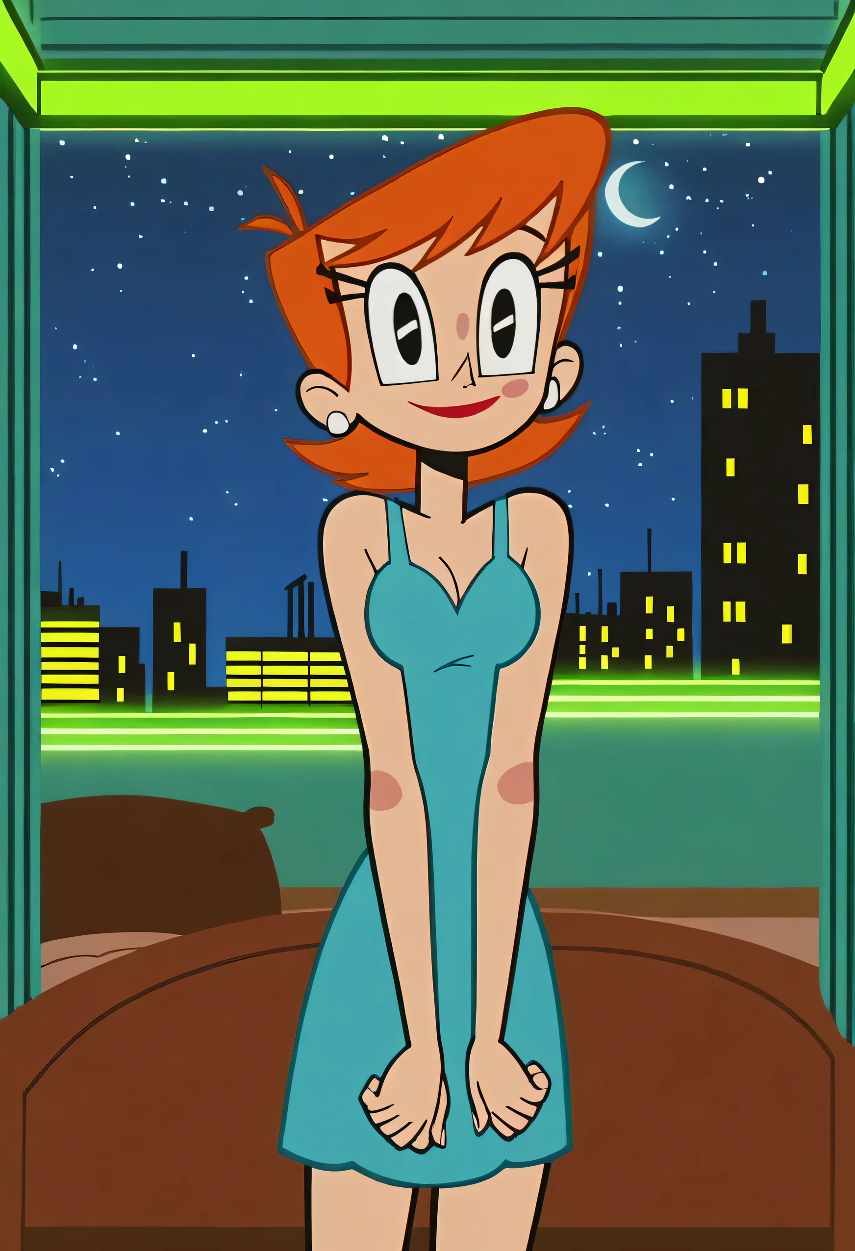 score_9, score_8_up, score_8, score_7_up, source_cartoon, Screencap, flat colors, 2d, highest quality, ultra best resolution, 4k, ultra detailed, correct proportions, proper anatomy, uncensored, BREAK, 1girl, Jenny, 28 year old girl,  orange medium hair, hair down, narrow flirtatious eyes, head looking at the viewer lustfully,  the most sexiest smirk, smiling, closed mouth, medium breasts, a blue strap spaghetti dress, arms at side, BREAK, night, indoors, apartment bedroom, city landscape at night, warmly lit room, BREAK, vibrant colors, 85% dark lighting, 50% studio lighting, 50% soft lighting, BREAK, toon, toony, MLAATR style