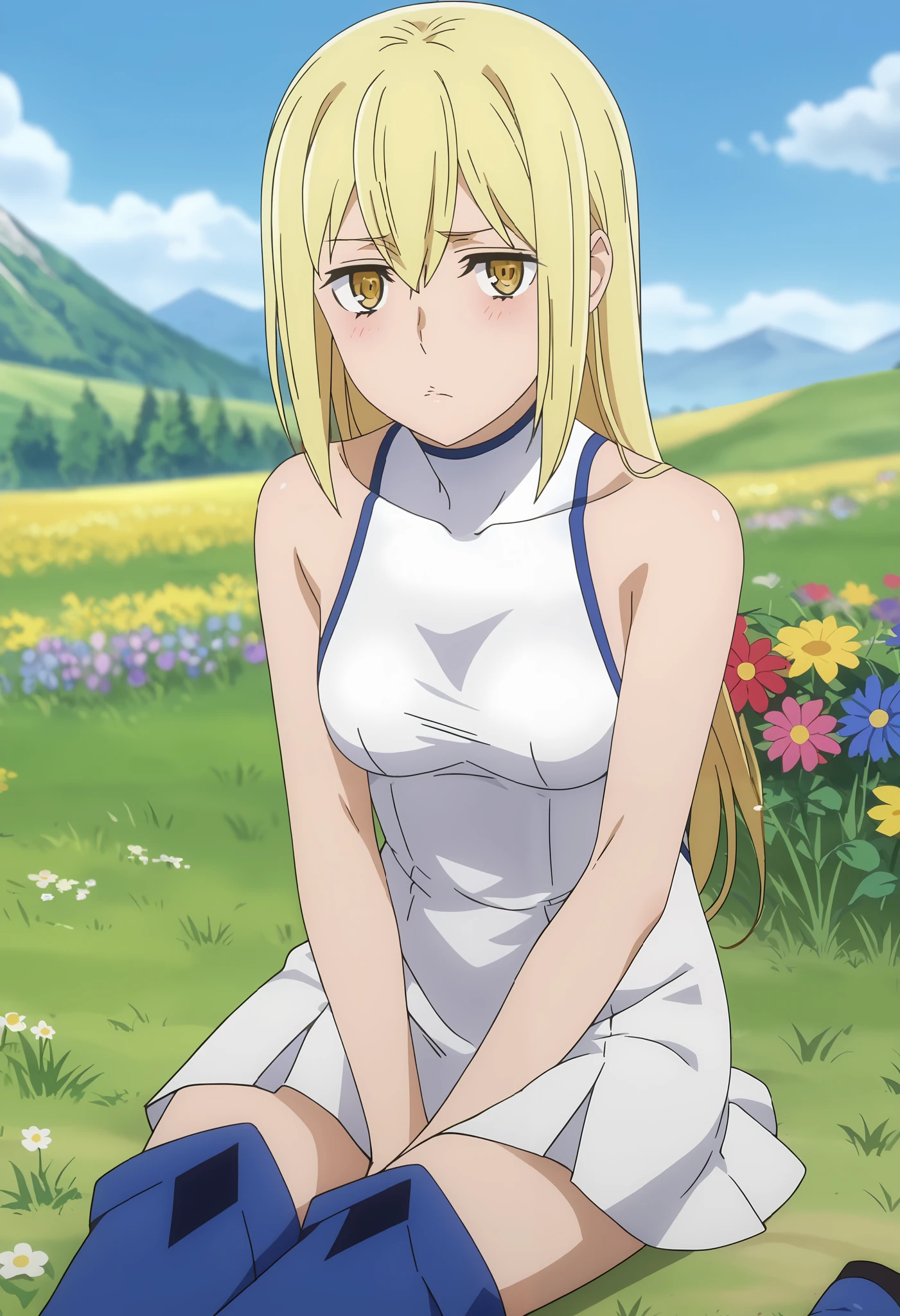 Sadness sorrowful, tearful, gloomy, visibly heartbroken,score_7_up, anime screencap, 1girl, solo, long hair, blonde hair, hair between eyes, yellow eyes, AisCasual, sleeveless dress, white dress, short dress, thigh boots, blue footwear, sitting, on ground, looking at viewer, scenery, mountains, grass, flower field,