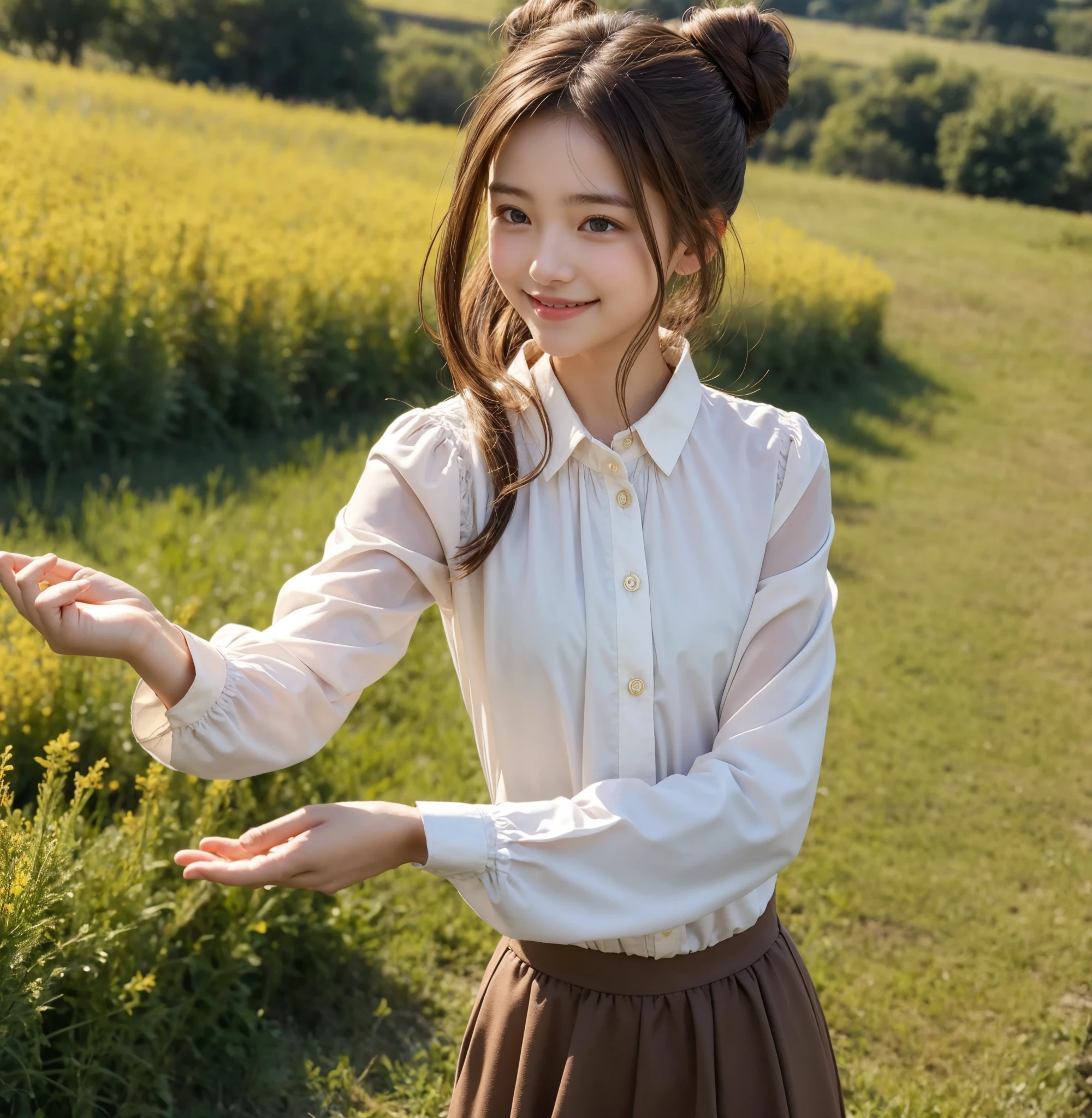  pretty girl , bun hair, brown hair,delicate,smile,masterpiece,field, long-sleeved blouse 