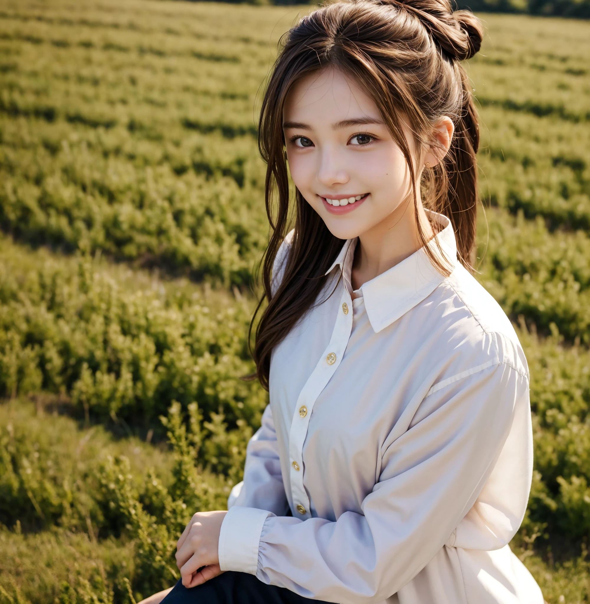  pretty girl , bun hair, brown hair,delicate,smile,masterpiece,field, long-sleeved blouse 