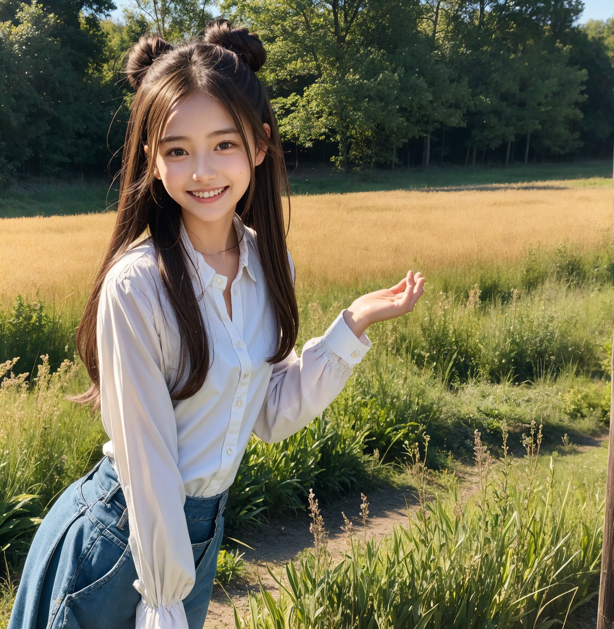  pretty girl , bun hair, brown hair,delicate,smile,masterpiece,field, long-sleeved blouse 