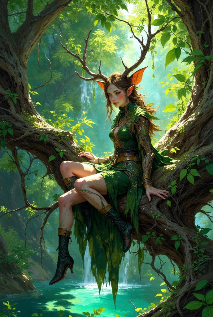 2d hyperrealistic illustration. A whimsically enchanting dryad-woman with brutal muscullar dryad-man, pointy ears and antlers blending seamlessly with the surrounding nature. they sits gracefully on a tree branch overlooking a sparkling river, with a thigh strap adding a touch of mystery to her attire. skin shines like polished emerald, a delicate blush lighting up her beautiful face framed by green eyes and hair. Dressed in intricate leaf garments and surrounded by vines and green leaves, she embodies the essence of the forest. This breathtaking image, possibly a painting, captures the essence of natural beauty in vivid detail and exquisite quality. vibrant colorful comlementary colors. long exposure.