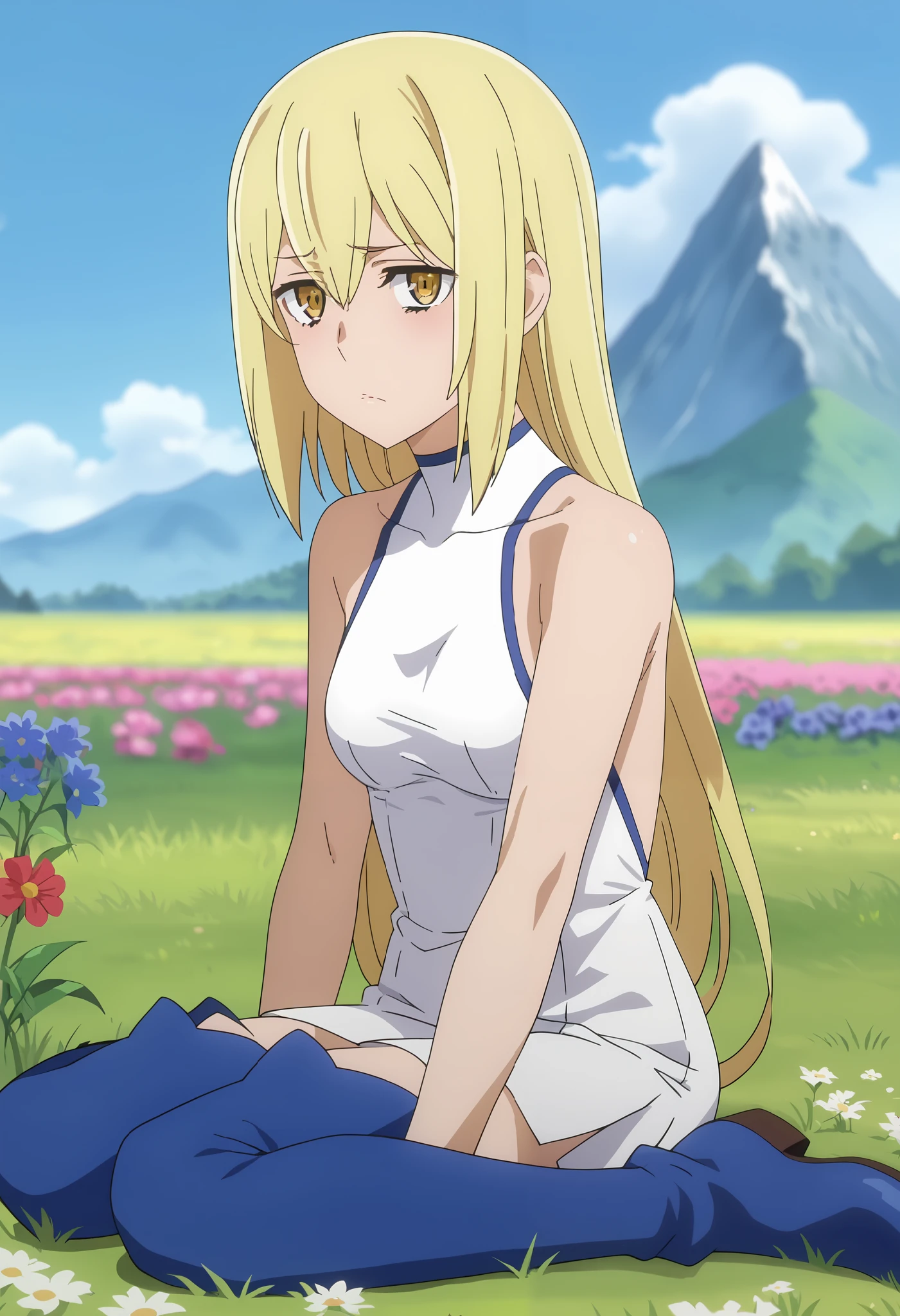 Sadness sorrowful, tearful, gloomy, visibly heartbroken,score_7_up, anime screencap, 1girl, solo, long hair, blonde hair, hair between eyes, yellow eyes, AisCasual, sleeveless dress, white dress, short dress, thigh boots, blue footwear, sitting, on ground, looking at viewer, scenery, mountains, grass, flower field,