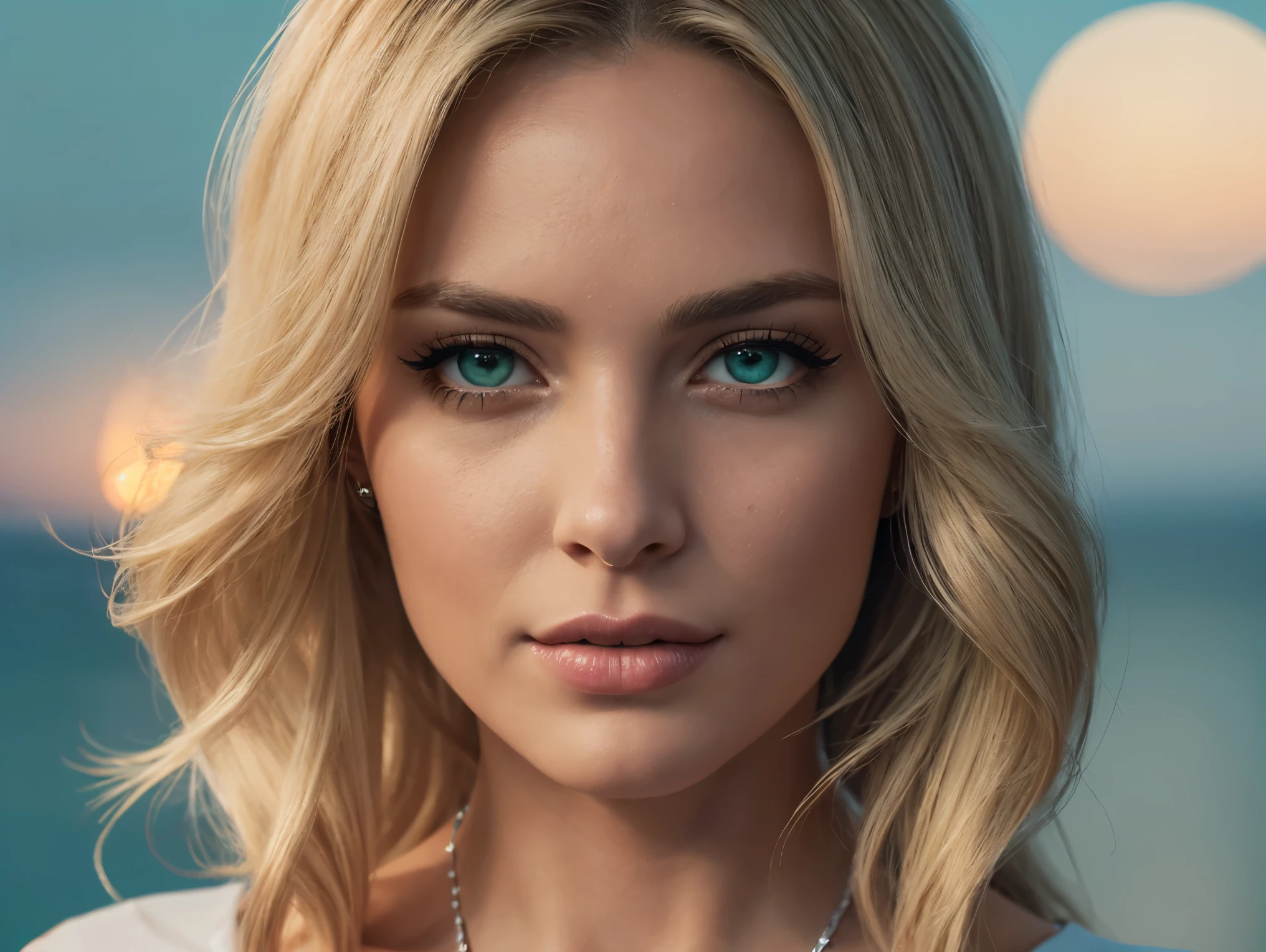 Long blonde wavy hair, sea-green eyes, 30ish years old, gorgeous woman,  (beautiful face: 1.2), Looking at viewer, flirting, desire in her eyes, henley t-shirt, soft feminine body, intricate diamond and white gold necklace, gorgeous shapely legs, (realistic, detailed,  digital art,  4k,  ultra hd: 1.2), Impressionism, 8K Octane, Braid, Hair Over One Eye, Asymmetrical Hair, (photorealistic: 1.2)Masterpiece, Anatomically Correct, Best Quality, High Details, breathtaking, sensual, intimate setting, moonlight