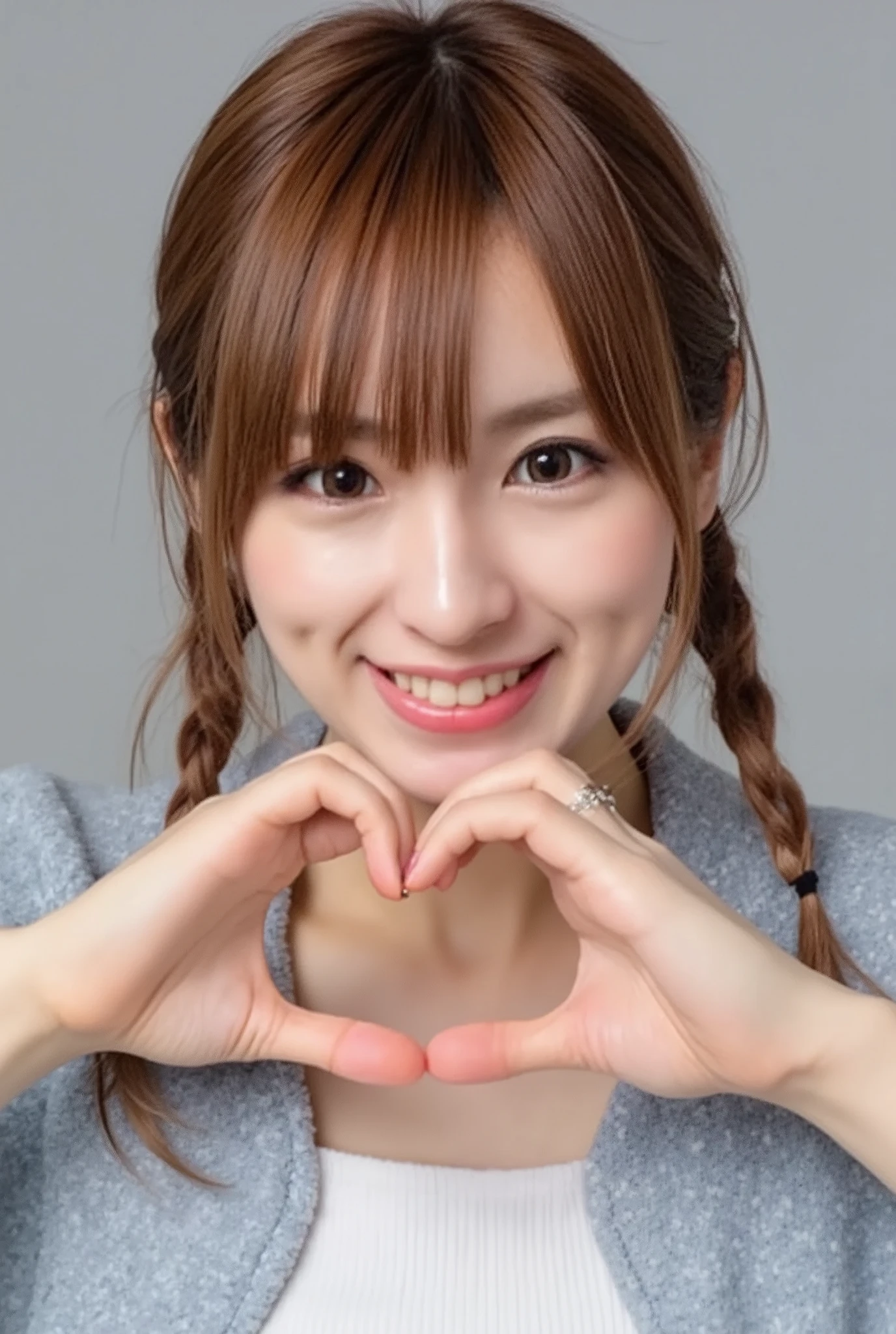 Only one smiling woman poses wearing cute pajamas with only her shoulders exposed, making a firm big heart shape with both hands, and holding them in front of her chest, View above collarbone、The background is a monotone 、
