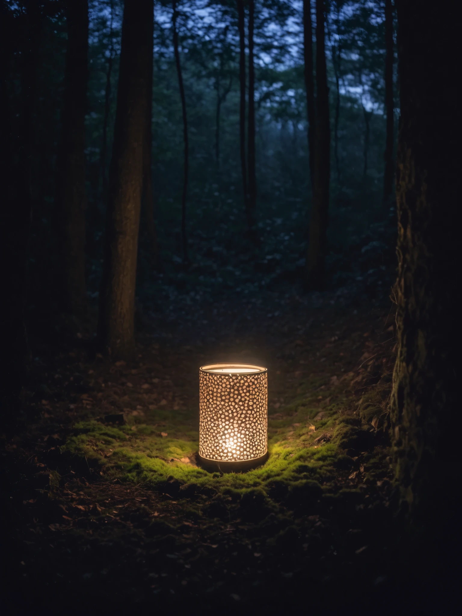 Behind the lantern that shines at dusk ,  The light projects a trichomorphic pattern on the ground,  is a dim forest landscape  .