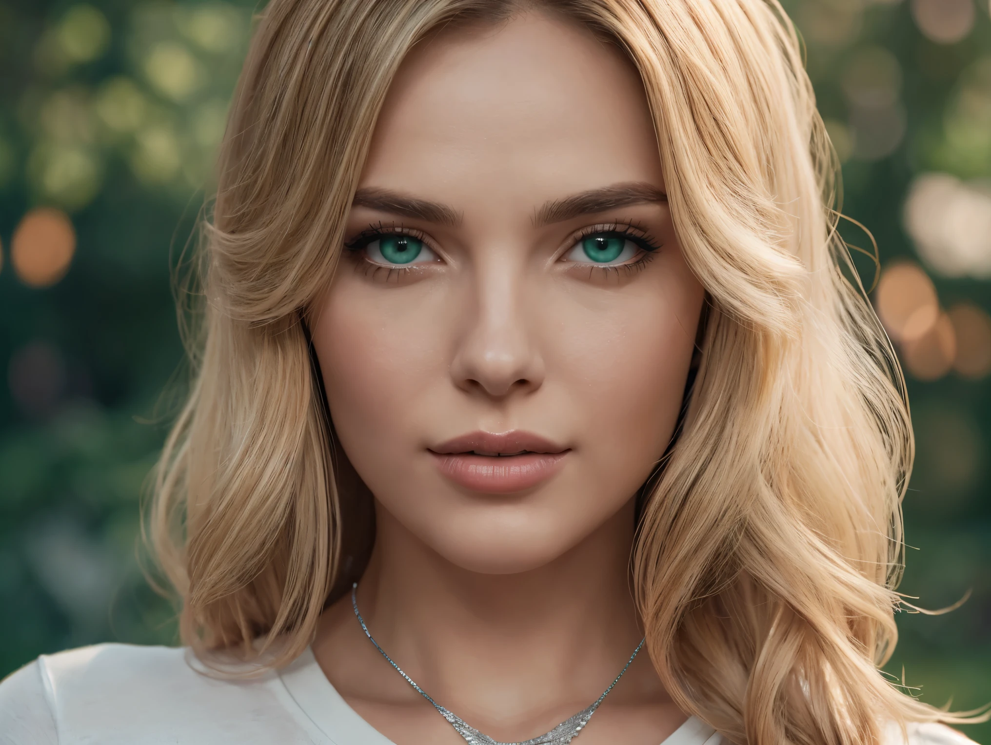 Long blonde wavy hair, sea-green eyes, 30ish years old, gorgeous woman,  (beautiful face: 1.2), Looking at viewer, flirting, desire in her eyes, henley t-shirt, soft feminine body, intricate diamond and white gold necklace, gorgeous shapely legs, (realistic, detailed,  digital art,  4k,  ultra hd: 1.2), Impressionism, 8K Octane, Braid, Hair Over One Eye, Asymmetrical Hair, (photorealistic: 1.2)Masterpiece, Anatomically Correct, Best Quality, High Details, breathtaking, sensual, intimate setting, moonlight