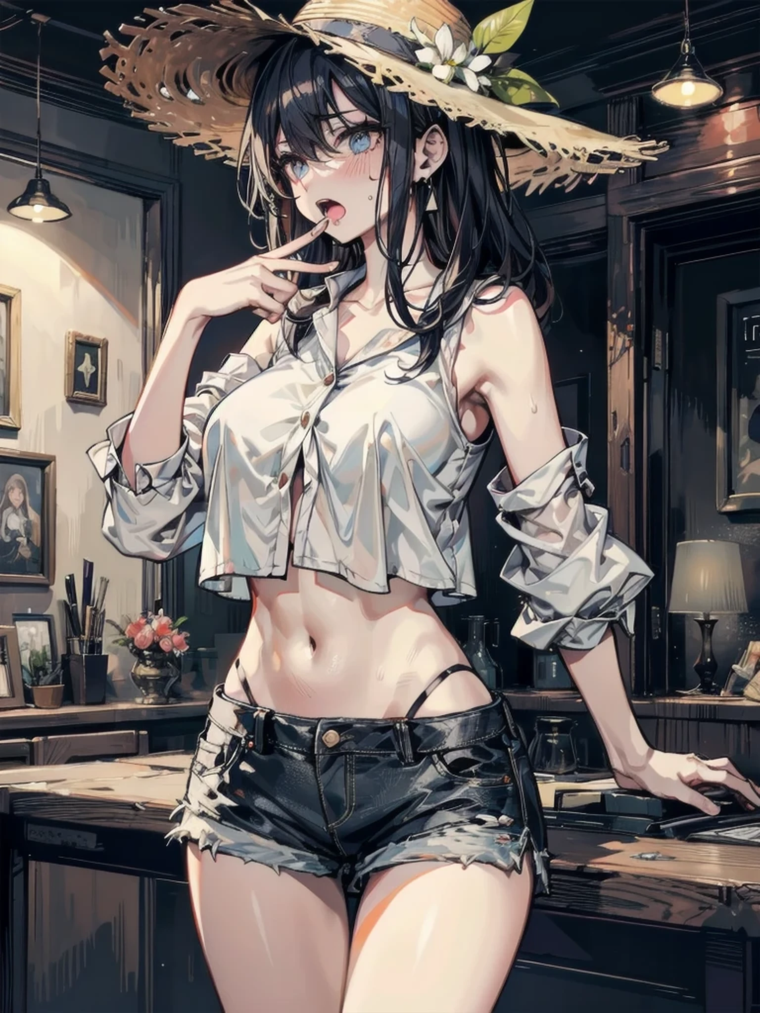 absurdres, RAW photo, extremely delicate and beautiful, masterpiece, Best Quality, ultra high resolution, 32k, hyperrealistic, ultra-detailed, perfect figure, tearful mole, earring, whole body shot, short medium hair, wavy hair, huge breast, casual, blouse, white shirt, buttoned shirt, bare shoulders, collarbone, midriff, navel, shorts, straw hat,