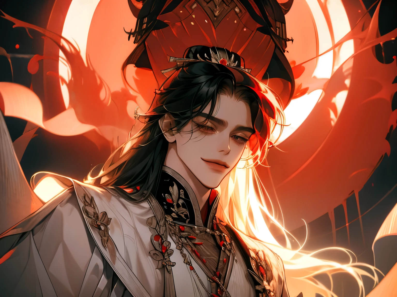 boy, Long hair,  long hair style, 긴 Black 머리,  sharp features,  white skin , A very close view, ((Black, Red emperor costume )),  pearl decoration ,  gorgeous, Smiling ,  natural pose, (( seen from below ))