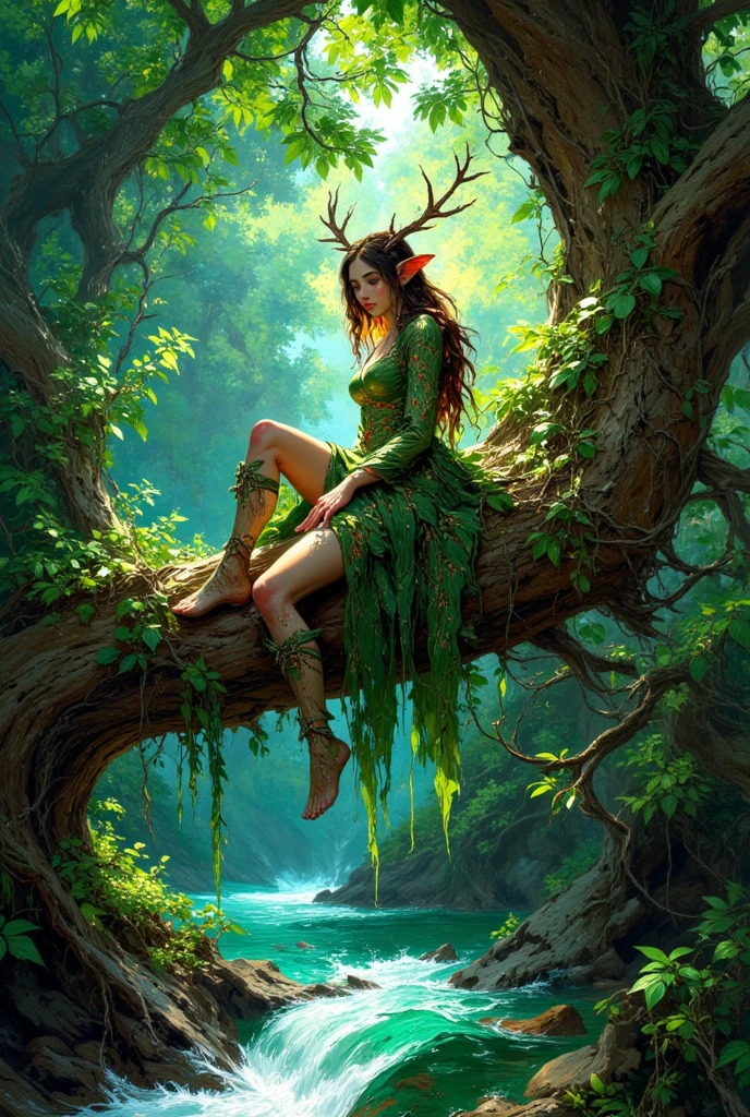 2d hyperrealistic illustration. A whimsically enchanting dryad-woman with brutal muscullar dryad-man, pointy ears and antlers blending seamlessly with the surrounding nature. they sits gracefully on a tree branch overlooking a sparkling river, with a thigh strap adding a touch of mystery to her attire. skin shines like polished emerald, a delicate blush lighting up her beautiful face framed by green eyes and hair. Dressed in intricate leaf garments and surrounded by vines and green leaves, she embodies the essence of the forest. This breathtaking image, possibly a painting, captures the essence of natural beauty in vivid detail and exquisite quality. vibrant colorful comlementary colors. long exposure.