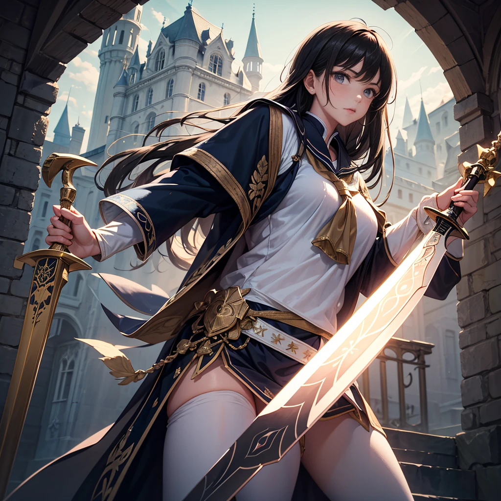 (((((middle woman))))), masterpiece, ultra detailed, 8k portrait, RAW photo, portrait photography, highly detailed face, ((Fantasy)), 1 woman, (((female knight))), (((spread legs dynamic pose))), 33 years old, (((((tall))))), (((small eyes))), glasses, (((straight black long hair))), ((forehead)), (((white skin color))), (((navy blue armor and see-through extra short skirt))), (((yellow long cloak))) fluttering in the wind, (((iron gaiters))), (((equip a long sword and large shield))), Midday Sun, hyper realistic, Body model, (((Small breasts))), Beautiful breasts, (big butt), (thick thighs), Long legs, in the medieval adventurer's guild, Ambient lighting, Shadow details , Camera focus on face, strong breeze, Light fog