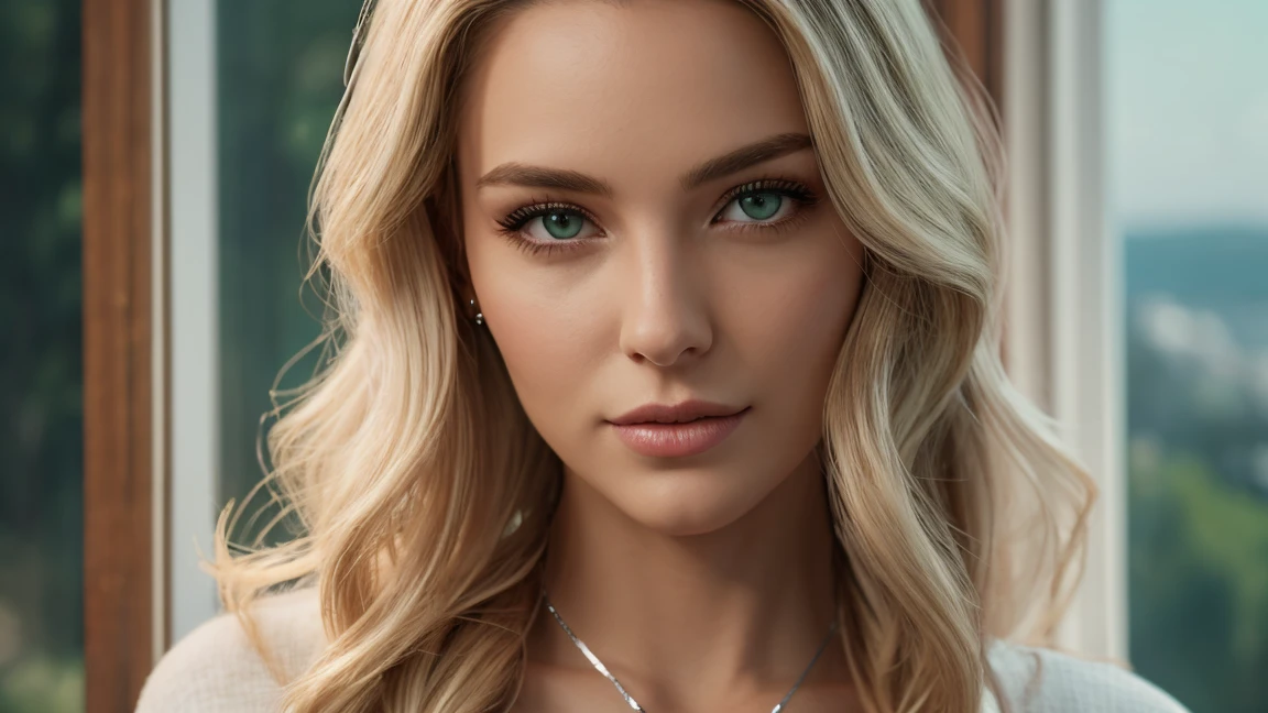 Long blonde wavy hair, sea-green eyes, 30ish years old, gorgeous woman,  (beautiful face: 1.2), Looking at viewer, flirting, desire in her eyes, henley t-shirt, soft feminine body, intricate diamond and white gold necklace, gorgeous shapely legs, (realistic, detailed,  digital art,  4k,  ultra hd: 1.2), Impressionism, 8K Octane, Braid, Hair Over One Eye, Asymmetrical Hair, (photorealistic: 1.2)Masterpiece, Anatomically Correct, Best Quality, High Details, breathtaking, sensual, intimate setting, moonlight