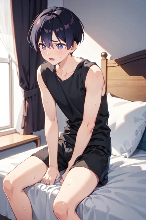 １５age　 one boy　 in underwear　 bed　Anxious expression　 lies down　sweaty black boxer shorts