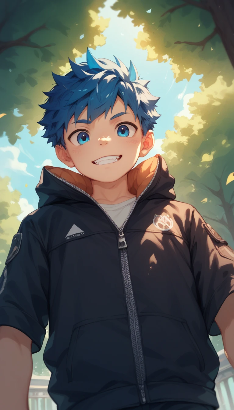 a handsome cute little young boy 3yr,cool,messy short blue hair and blue eyes,wearing black jacket Zipper,from below,in park,showing off his canine teeth,fullbody