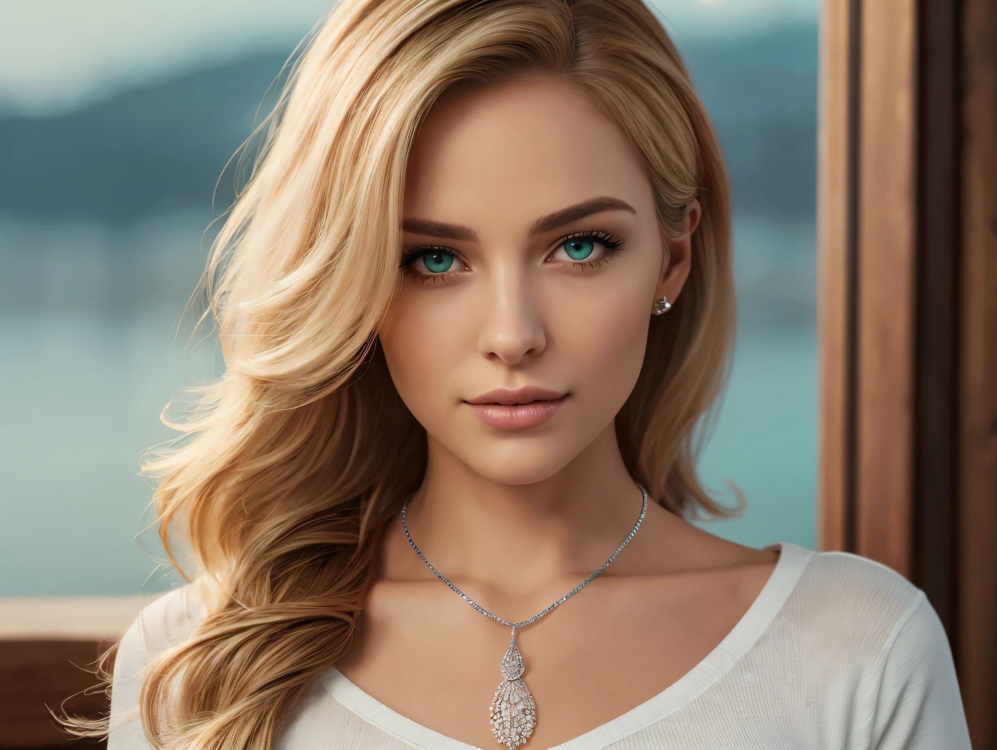 Long blonde wavy hair, sea-green eyes, 30ish years old, gorgeous woman,  (beautiful face: 1.2), Looking at viewer, flirting, desire in her eyes, henley t-shirt, soft feminine body, intricate diamond and white gold necklace, gorgeous shapely legs, (realistic, detailed,  digital art,  4k,  ultra hd: 1.2), Impressionism, 8K Octane, Braid, Hair Over One Eye, Asymmetrical Hair, (photorealistic: 1.2)Masterpiece, Anatomically Correct, Best Quality, High Details, breathtaking, sensual, intimate setting, moonlight