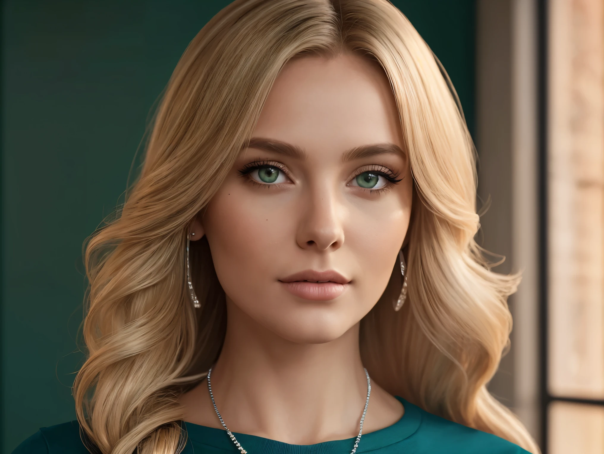 Long blonde wavy hair, sea-green eyes, 30ish years old, gorgeous woman,  (beautiful face: 1.2), Looking at viewer, flirting, desire in her eyes, henley t-shirt, soft feminine body, intricate diamond and white gold necklace, gorgeous shapely legs, (realistic, detailed,  digital art,  4k,  ultra hd: 1.2), Impressionism, 8K Octane, Braid, Hair Over One Eye, Asymmetrical Hair, (photorealistic: 1.2)Masterpiece, Anatomically Correct, Best Quality, High Details, breathtaking, sensual, intimate setting, moonlight