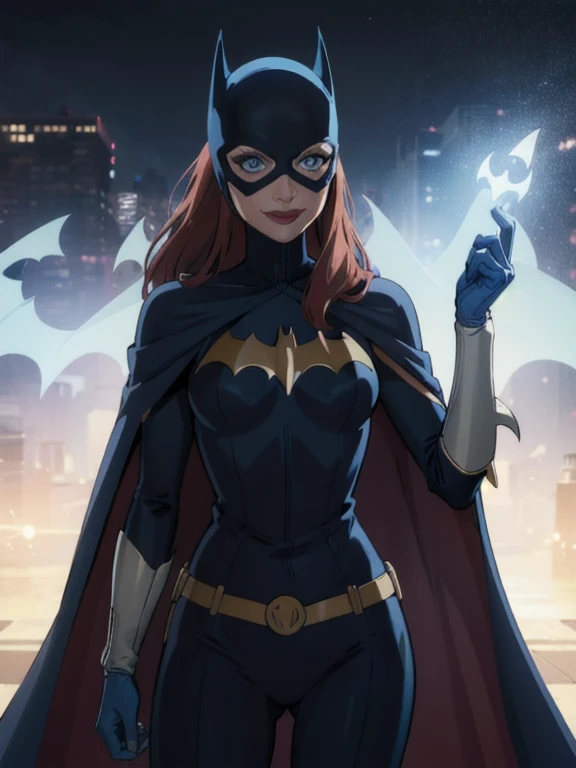 BarbaraG, 1girl, solo, blue cape, blue cloak, blue mask, belt, white gloves, blue eyes, superhero, long hair, grey bodysuit, lipstick, batgirl, park, smile,  under her shoulders