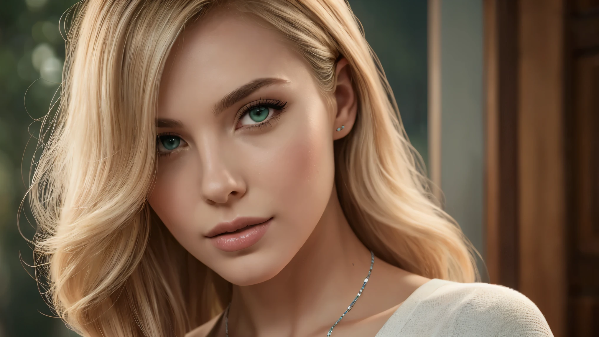 Long blonde wavy hair, sea-green eyes, 30ish years old, gorgeous woman,  (beautiful face: 1.2), Looking at viewer, flirting, desire in her eyes, henley t-shirt, soft feminine body, intricate diamond and white gold necklace, gorgeous shapely legs, (realistic, detailed,  digital art,  4k,  ultra hd: 1.2), Impressionism, 8K Octane, Braid, Hair Over One Eye, Asymmetrical Hair, (photorealistic: 1.2)Masterpiece, Anatomically Correct, Best Quality, High Details, breathtaking, sensual, intimate setting, moonlight