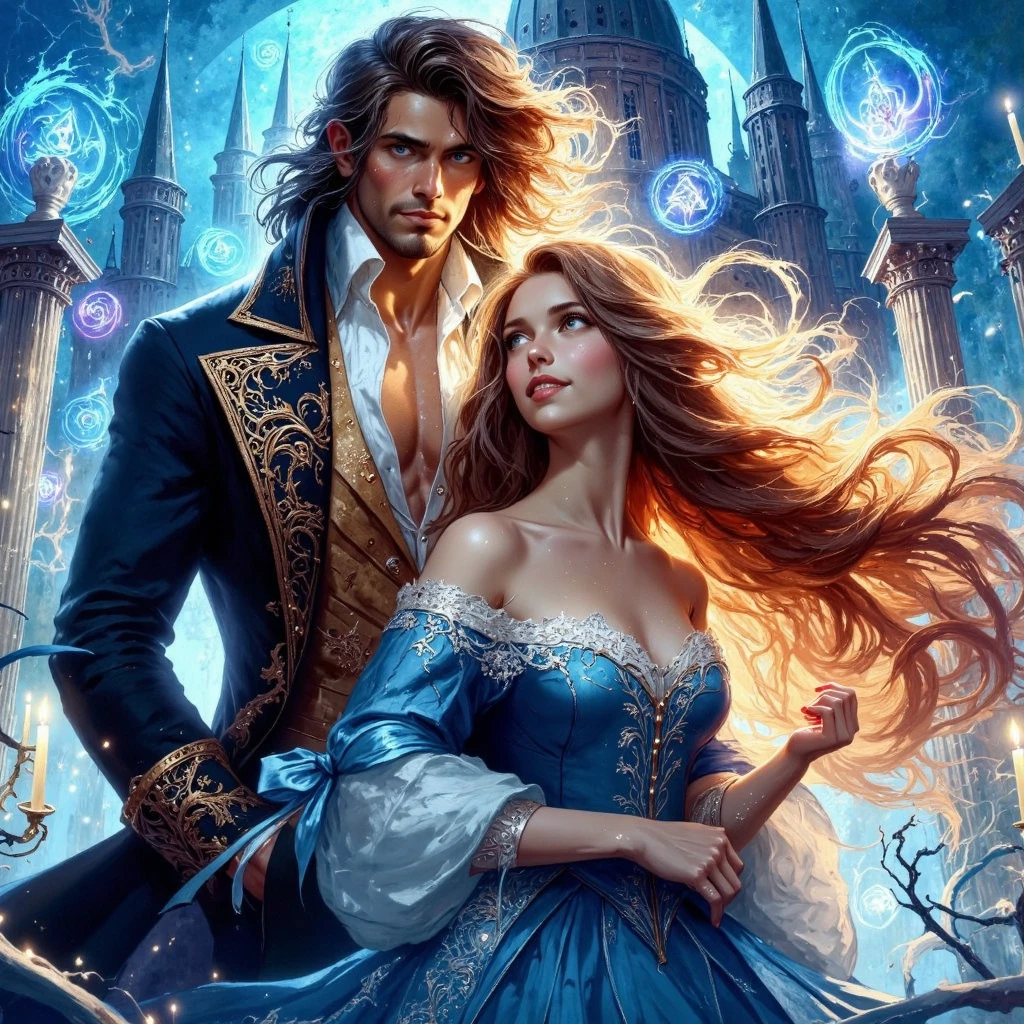 Vibrant magical fantasy world, a book cover illustration scene, a very handsome muscular aristocrat with long hair, in frock coat and his beautiful lady in academy dress, in the background are a magic academy, glow magic symbol rounds, love, tenderness, care,mystic, bright light contrast colors, magic, shine, smile, high waist., maximum texture, ultra-high detail, perfect natural proportions, contrasting vibrant SQUARE bright colorscheme, dynamic pose, high quality, clear focus, highly detailed facial features, overhead light, blue eyes, clear eyes with detail, volumetric lighting, hyperrealistic, high contrast, depth of field, unreal, 32k,perfect anatomy,perfect anatomy proportions, perfect hands and fingers