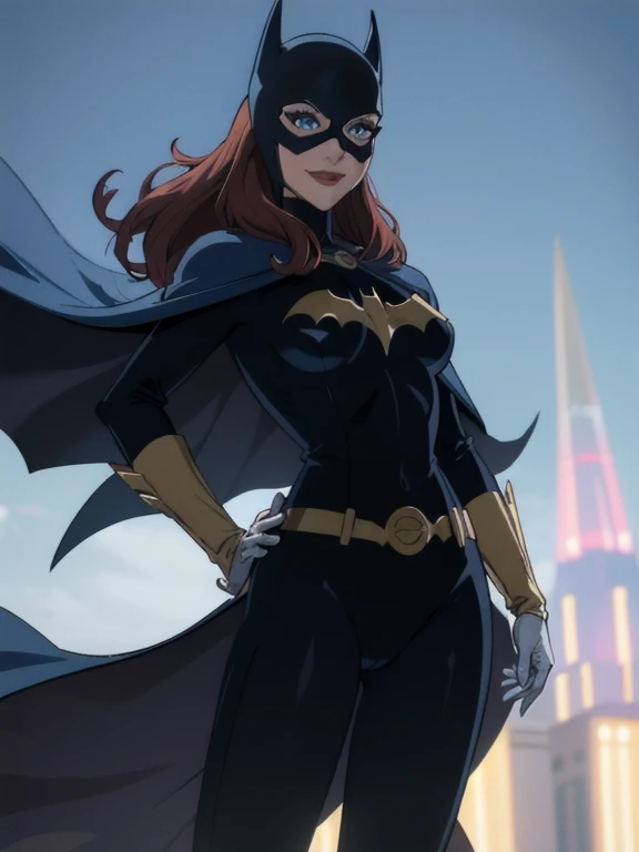 BarbaraG, 1girl, solo, blue cape, blue cloak, blue mask, belt, white gloves, blue eyes, superhero, long hair, grey bodysuit, lipstick, batgirl, park, smile, cape under body