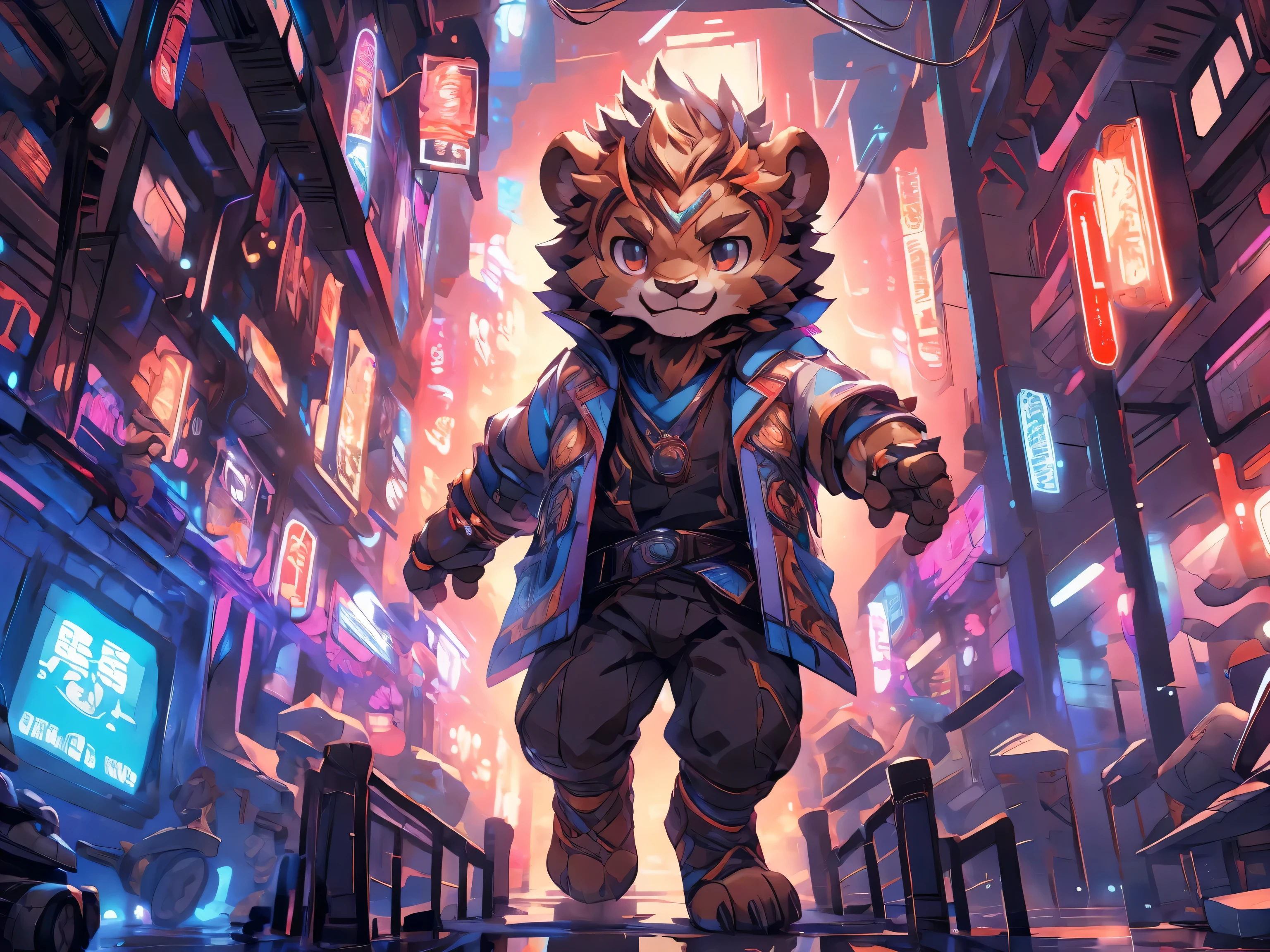 lion, brown fur, (shota), young, chibi, pleasure, elegant demeanor, easygoing, school shirt, student , walking, (Spiral staircase), (Helical staircase), masterpiece, (16K), HD, Various facial details, detailed background, very detailed, dynamic poses, Eyes details, high resolution, high quality, correct anatomy, by lindong, by null-ghost, solo, in ruin , Mechanical civilization style, Industrial civilization aesthetic, Steampunk-inspired civilization, orange neon lamp, smile
