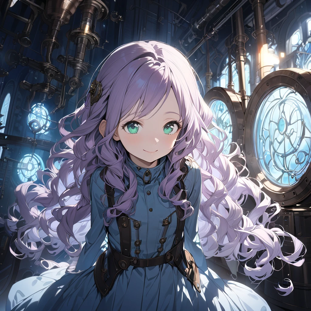 ( cute girl:1.5), (masterpiece:1.3), Anime Visual , ( A girl with wavy hair with semi-long twin braids, Light purple wavy bangs , dark green eyes ,smile:1.3), ( tilting your head :1.3), very delicate face , Realistic lighting and shading , (exceptional, white theme, Blue Theme,
The girl is wearing a suit with machine wings , black tank top,Steampunk Goggles, small , She's flying over a steampunk factory , Light comes her , Watch Viewers, Night Lighting ,